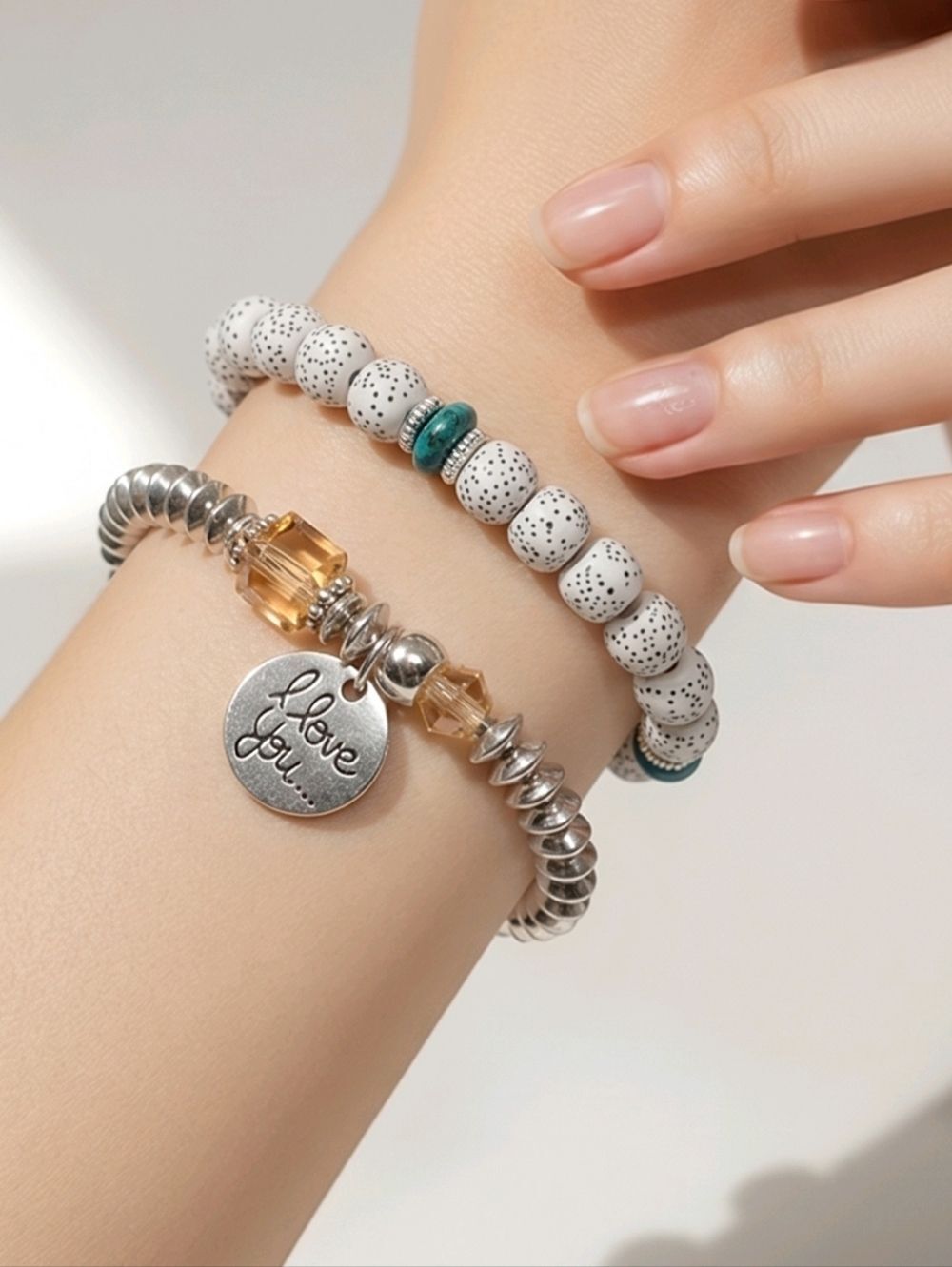 White & Silver Beaded Bracelet Set “I Love You” Charm – 2 Piece Stack Jewelry